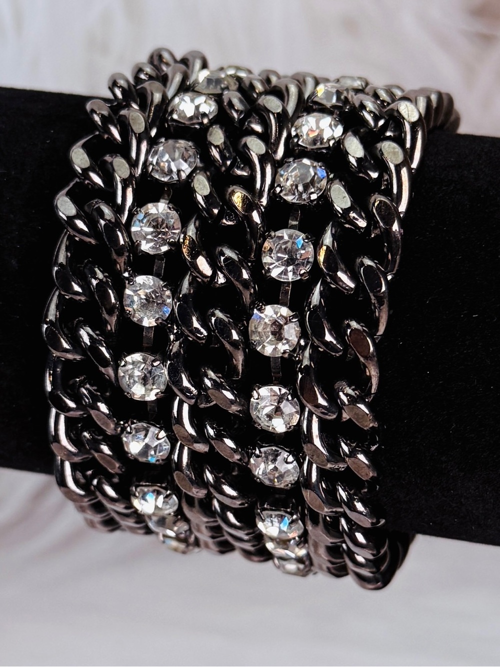 Vintage Gunmetal Multi Chain Crystal Wide Statement Bracelet